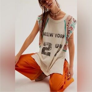 We The Free Graphic Tank Top with Embroidered Sleeves - Cream